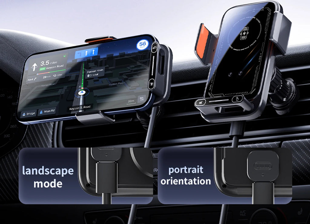 15W Smart Sensing Wireless Car Charging Phone Holder. Motorized Rotation One-Touch Release & Clamping. Rotatable Cable Port